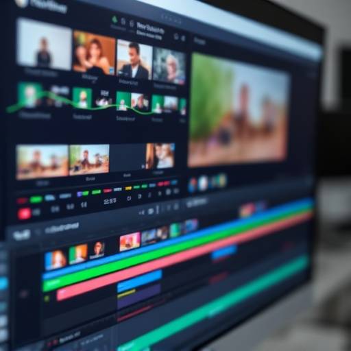 Gros plan d'une interface de logiciel de montage vidéo sur un écran d'ordinateur, montrant la timeline et les différentes pistes audio et vidéo.